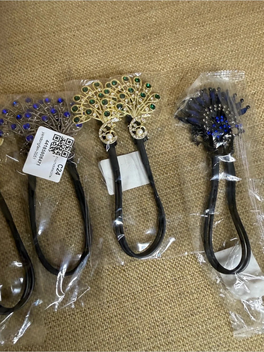 New***Jeweled Peacock Hair Tie - Gold with Multicolor Stones-set of 5